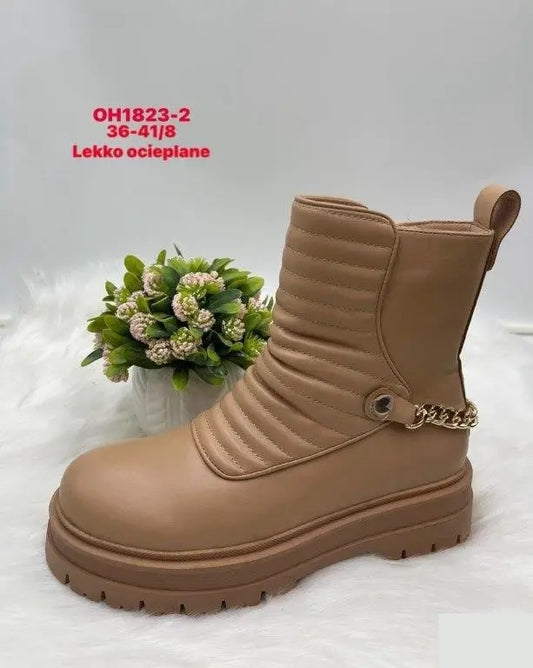 Botki na płaskim- LEKKO OCIEPLANE (36-41, 8par) OH1823-2 KHAKI